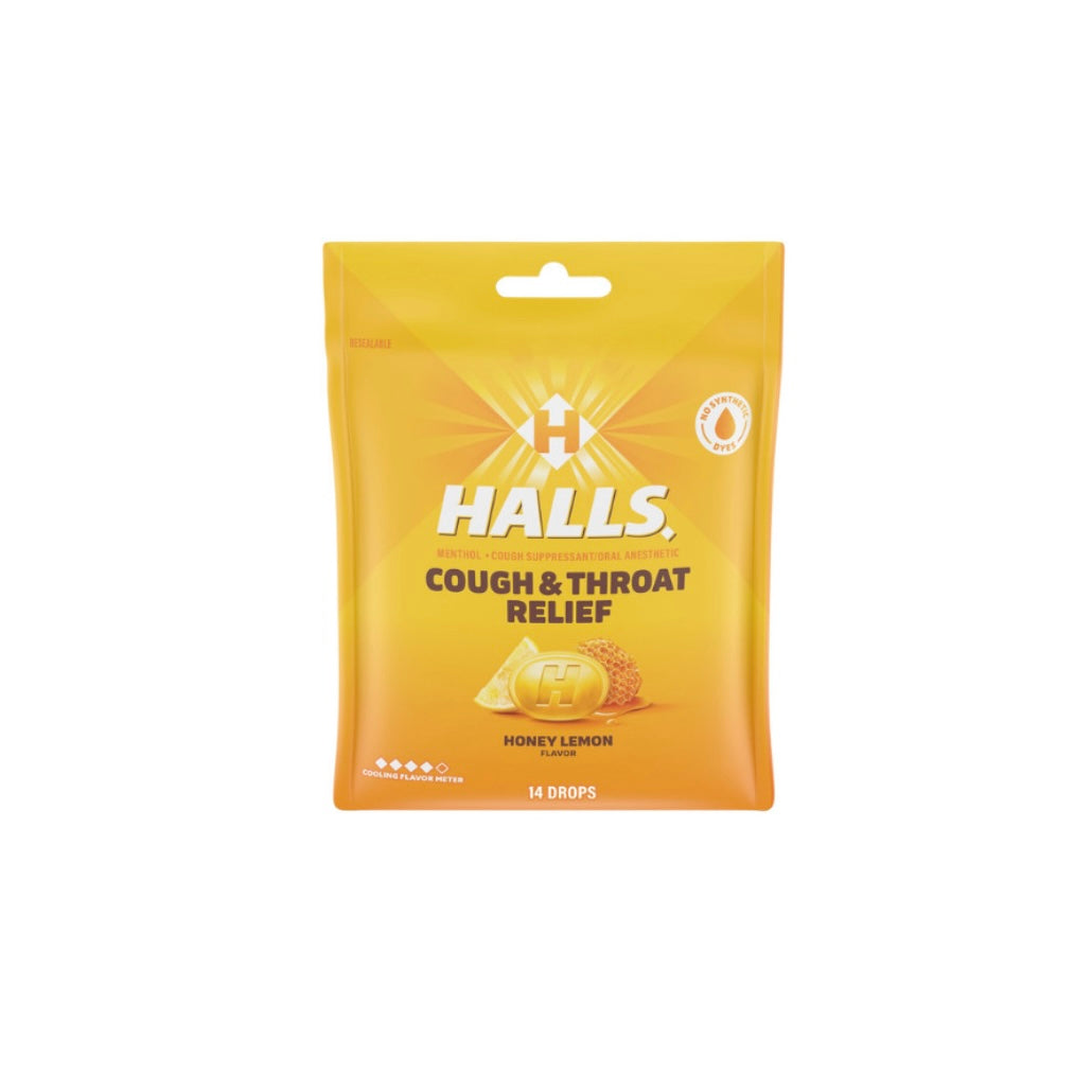 Halls Honey Lemon Menthol Cough Drops 14ct 1.53oz bags (937534)