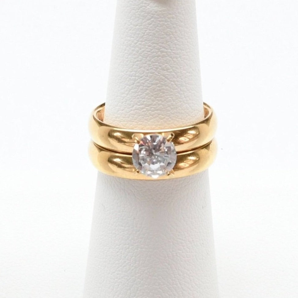 Gold Tone Engagement Ring & Wedding Band Set (1010G)